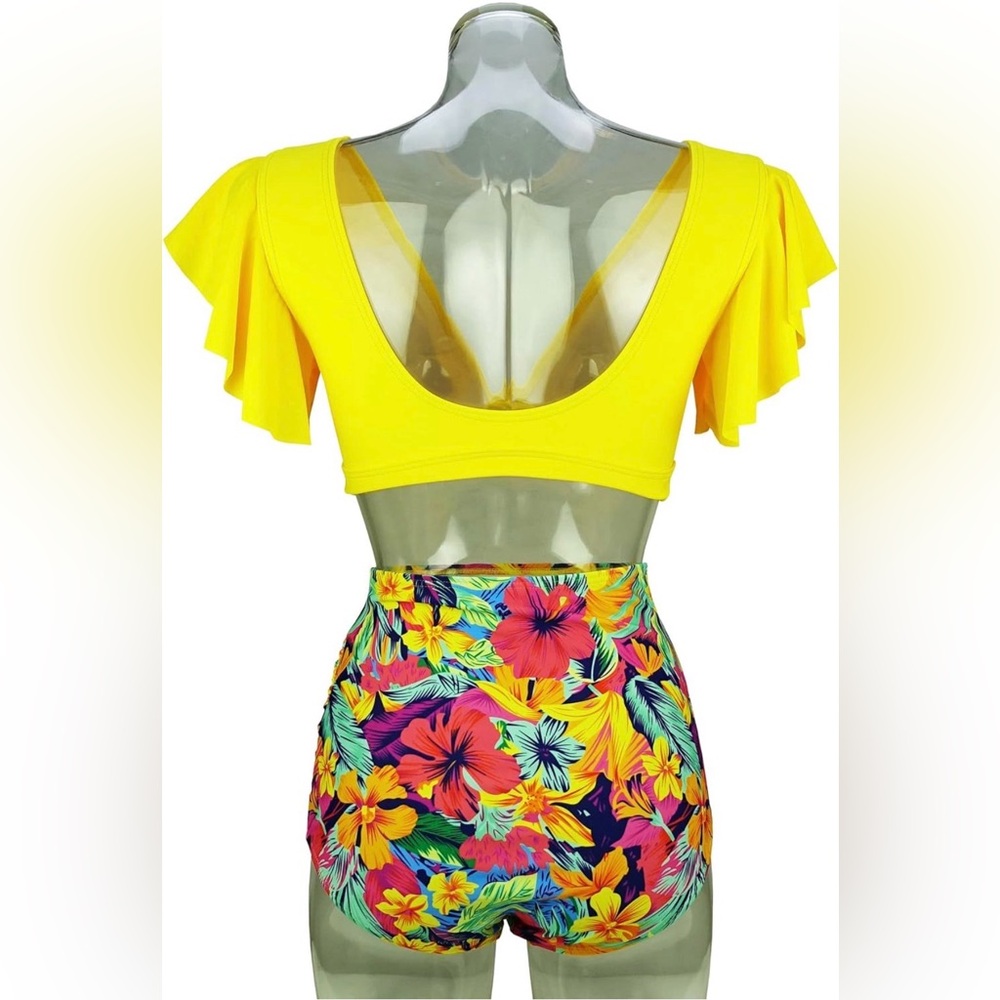 Sporlike Yellow Ruffle Bikini Top with Floral High-Waisted Bottoms - Picture 2 of 6